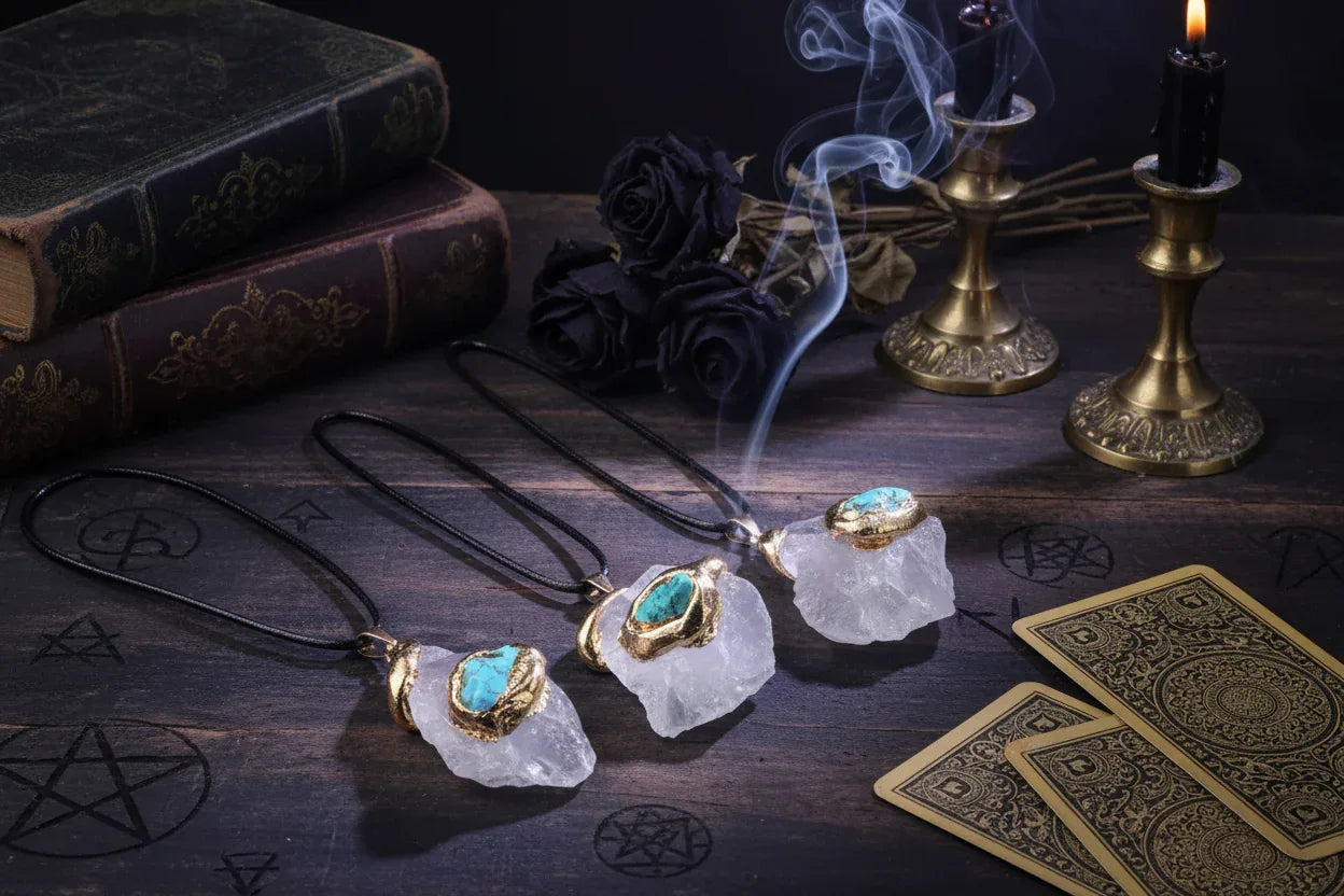 Gilded Crystal Necklace - Sorceress Sanctuary Strawberry Quartz-Lemon Crystal-Fluorite-Pink Crystal-Green Aventurine