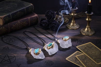 Gilded Crystal Necklace - Sorceress Sanctuary Strawberry Quartz-Lemon Crystal-Fluorite-Pink Crystal-Green Aventurine