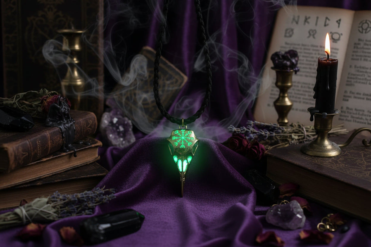 Glow Raven Necklace - Sorceress Sanctuary Silver blue light-Bronze blue light-Bronze green light-Silver Green Light