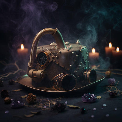 Steampunk-style hat with intricate details and a compass on a white background