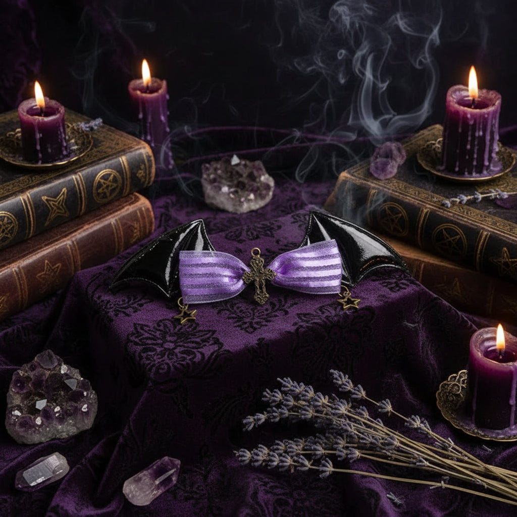 Gothic Accessories Set - Sorceress Sanctuary Black and purple sleeve pair-Cat Ear KC + gem lace KC-A pair of wings with small sides-Black bow cat ear KC-Wings small side clip single