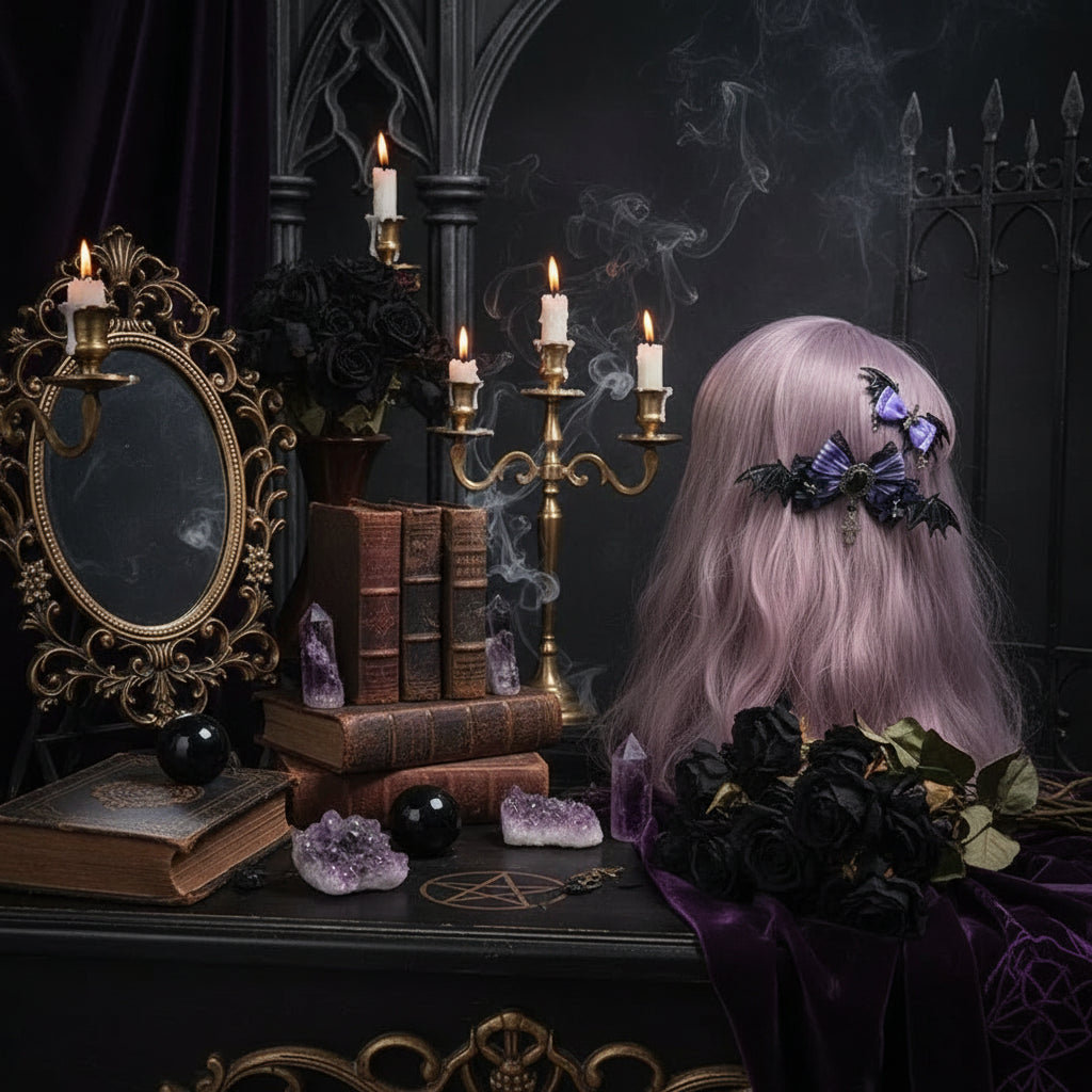 Gothic Accessories Set - Sorceress Sanctuary Black and purple sleeve pair-Cat Ear KC + gem lace KC-A pair of wings with small sides-Black bow cat ear KC-Wings small side clip single