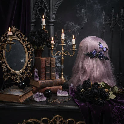 Gothic Accessories Set - Sorceress Sanctuary Black and purple sleeve pair-Cat Ear KC + gem lace KC-A pair of wings with small sides-Black bow cat ear KC-Wings small side clip single