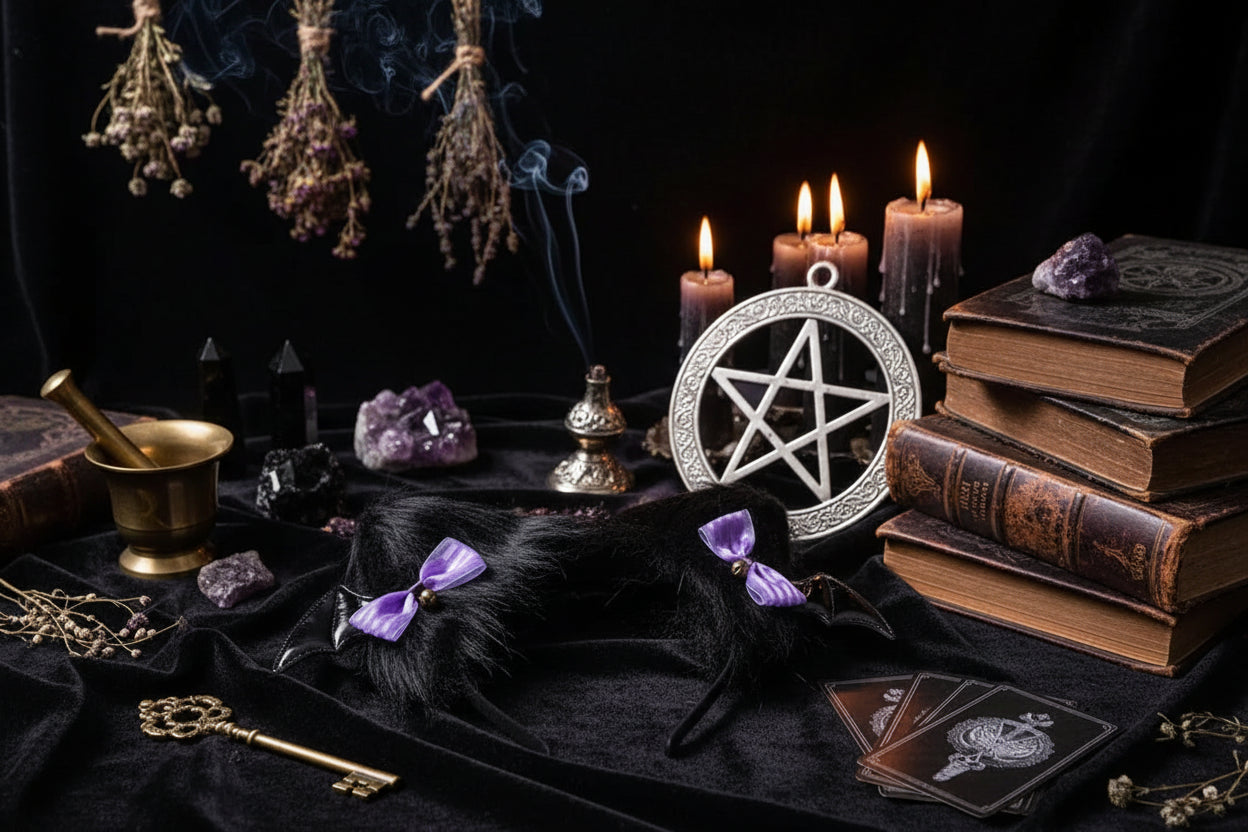 Gothic Accessories Set - Sorceress Sanctuary Black and purple sleeve pair-Cat Ear KC + gem lace KC-A pair of wings with small sides-Black bow cat ear KC-Wings small side clip single
