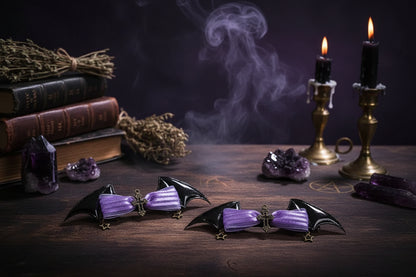 Gothic Accessories Set - Sorceress Sanctuary Black and purple sleeve pair-Cat Ear KC + gem lace KC-A pair of wings with small sides-Black bow cat ear KC-Wings small side clip single