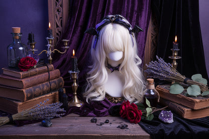 Gothic Accessories Set - Sorceress Sanctuary Black and purple sleeve pair-Cat Ear KC + gem lace KC-A pair of wings with small sides-Black bow cat ear KC-Wings small side clip single