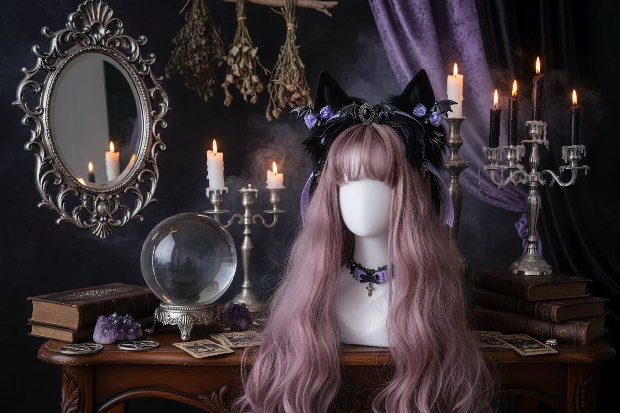 Gothic Accessories Set - Sorceress Sanctuary Black and purple sleeve pair-Cat Ear KC + gem lace KC-A pair of wings with small sides-Black bow cat ear KC-Wings small side clip single