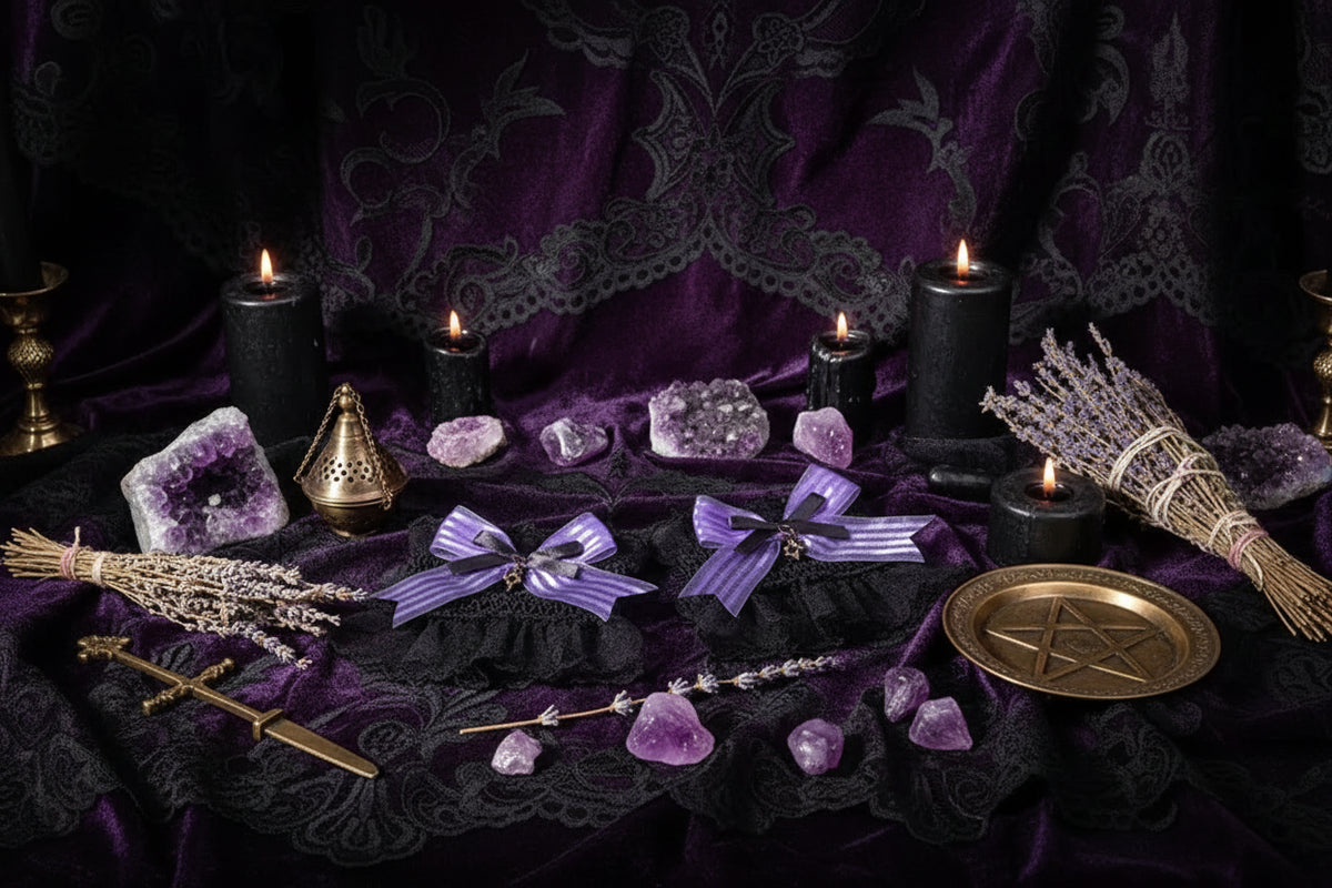 Gothic Accessories Set - Sorceress Sanctuary Black and purple sleeve pair-Cat Ear KC + gem lace KC-A pair of wings with small sides-Black bow cat ear KC-Wings small side clip single