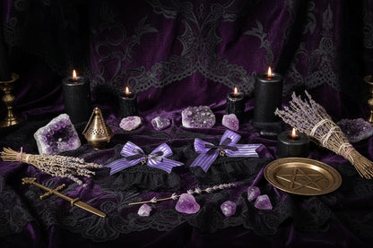 Gothic Accessories Set - Sorceress Sanctuary Black and purple sleeve pair-Cat Ear KC + gem lace KC-A pair of wings with small sides-Black bow cat ear KC-Wings small side clip single