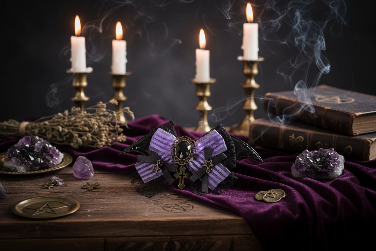 Gothic Accessories Set - Sorceress Sanctuary Black and purple sleeve pair-Cat Ear KC + gem lace KC-A pair of wings with small sides-Black bow cat ear KC-Wings small side clip single