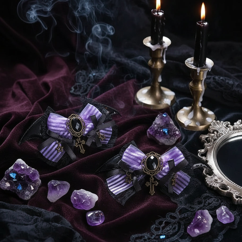 Gothic Accessories Set - Sorceress Sanctuary Black and purple sleeve pair-Cat Ear KC + gem lace KC-A pair of wings with small sides-Black bow cat ear KC-Wings small side clip single