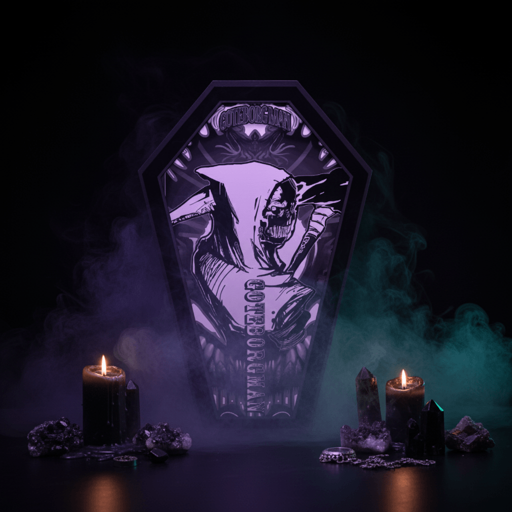 Black and white illustration of a hooded figure in a coffin with 'Coffeemania' branding.