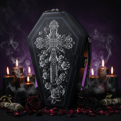 Black coffin-shaped bag with decorative cross and roses on a white background