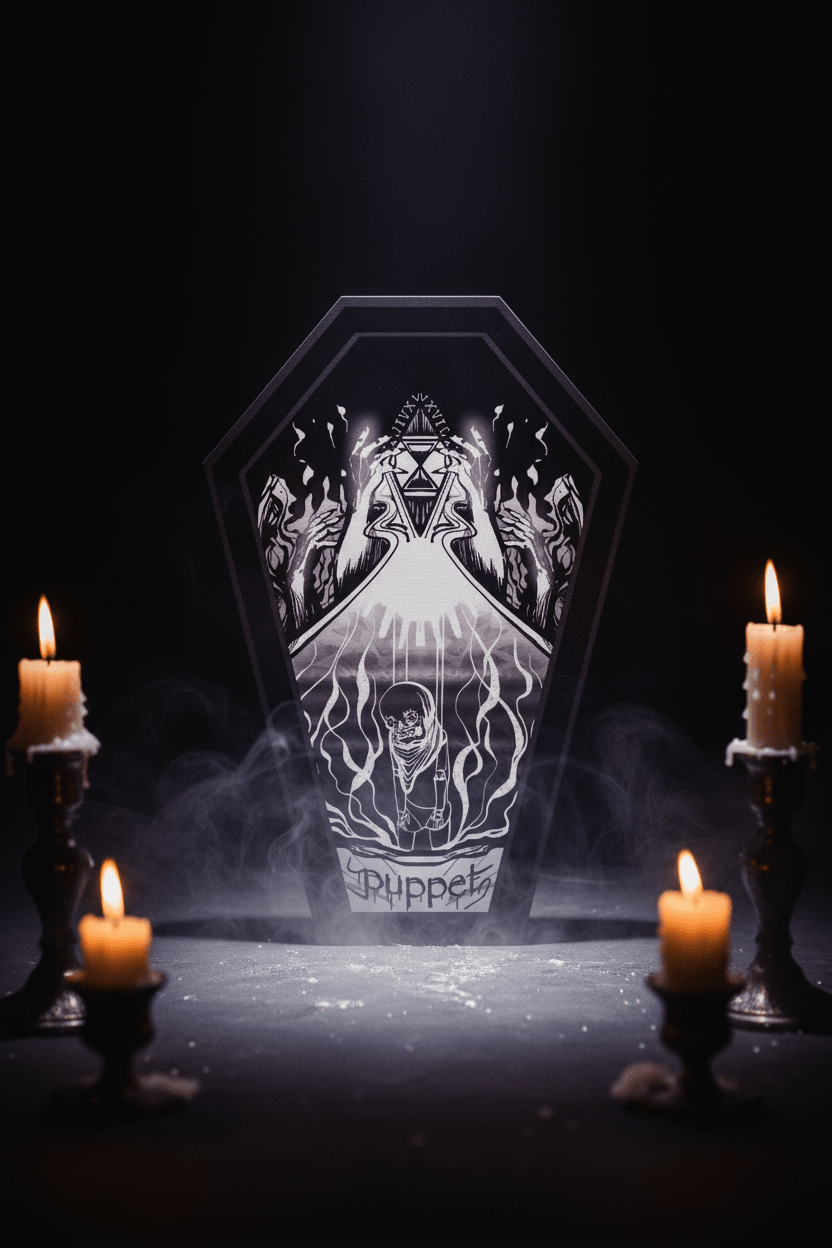 Black and white illustration of a coffin with hands reaching out and a central figure, on a white background.