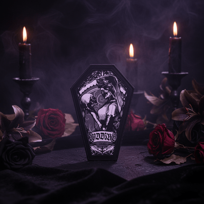 Decorative coffin-shaped object with black and white design of an angel and a skeleton, featuring the word 'Wooing'.