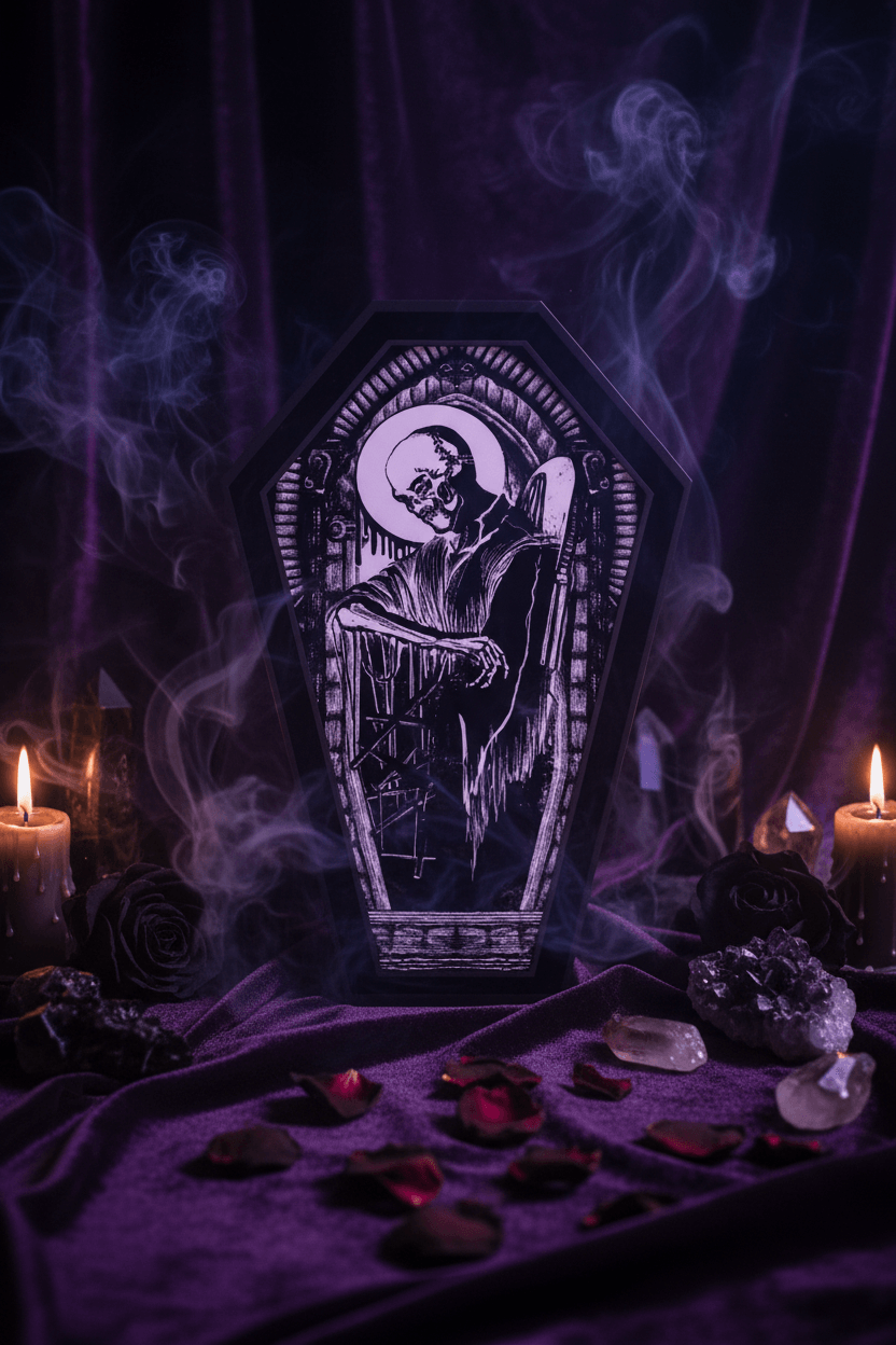 Decorative coffin-shaped plaque with a black and white illustration of a robed figure holding a staff.
