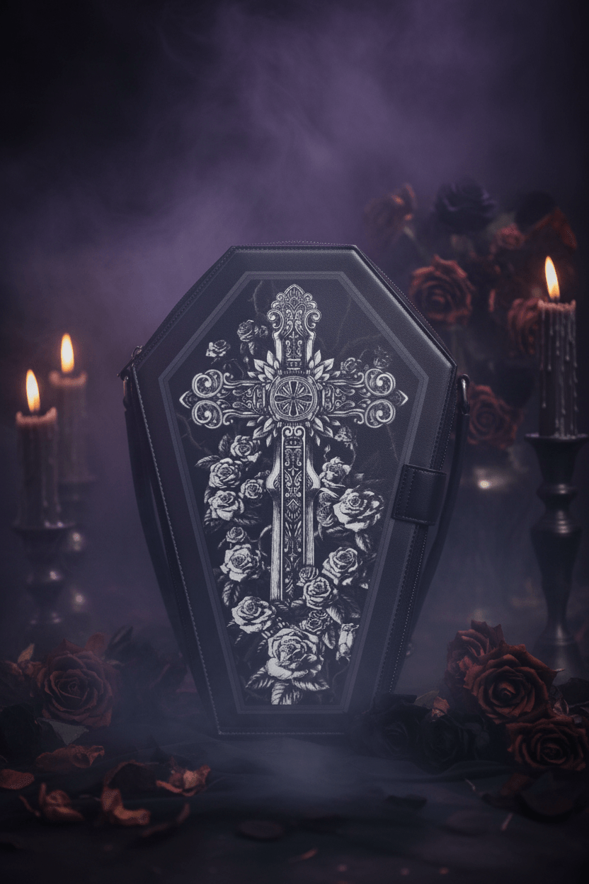 Black coffin-shaped bag with decorative cross and roses on a white background