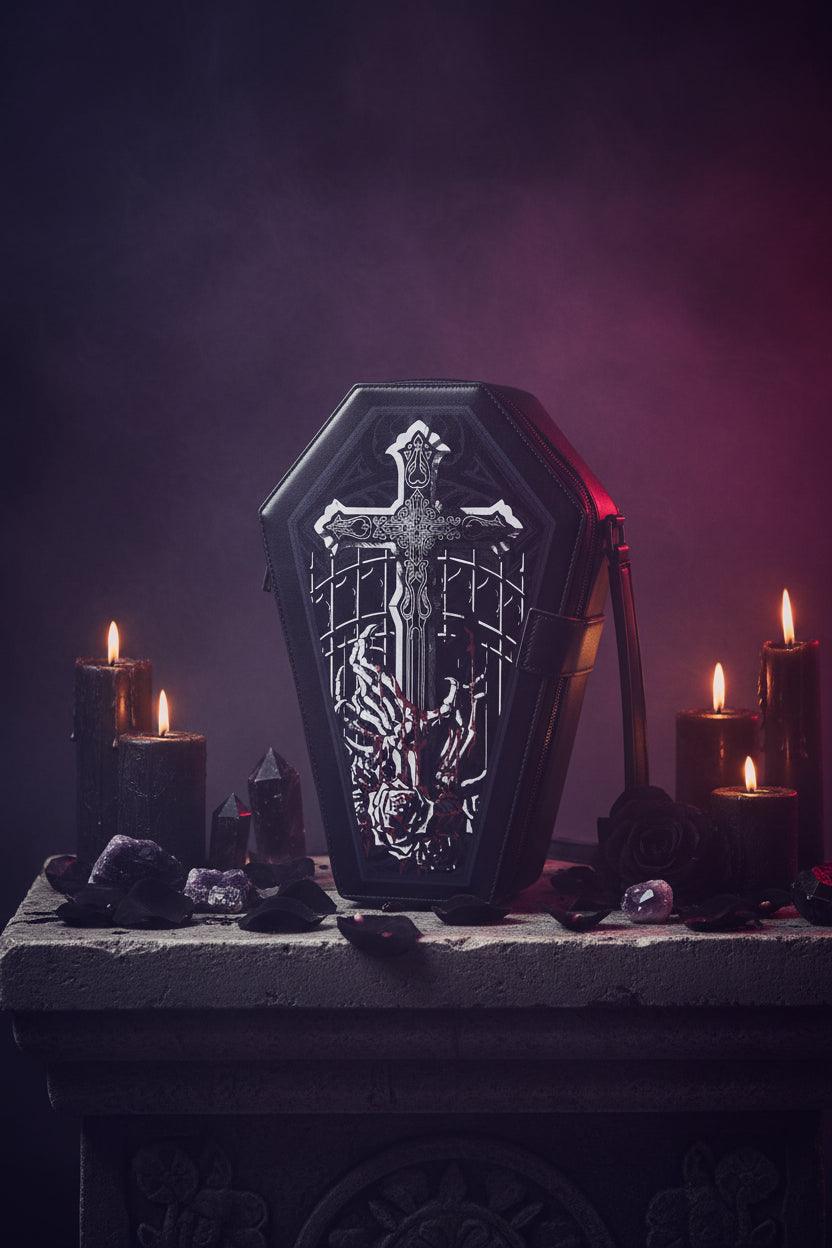 Black coffin-shaped bag with a sword and hand design on a white background