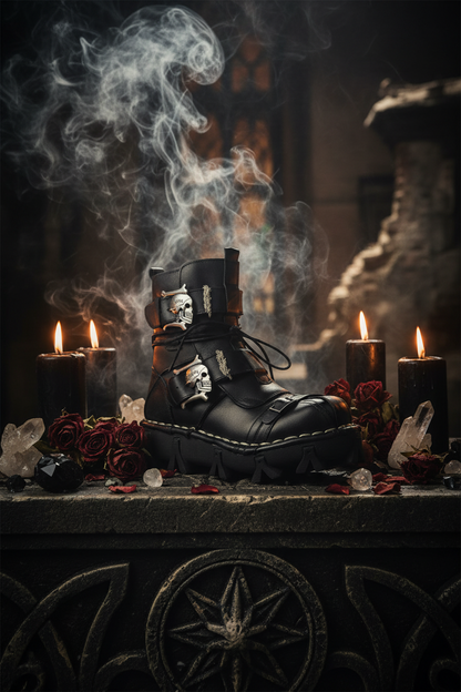 Black leather boot with skull designs on a white background