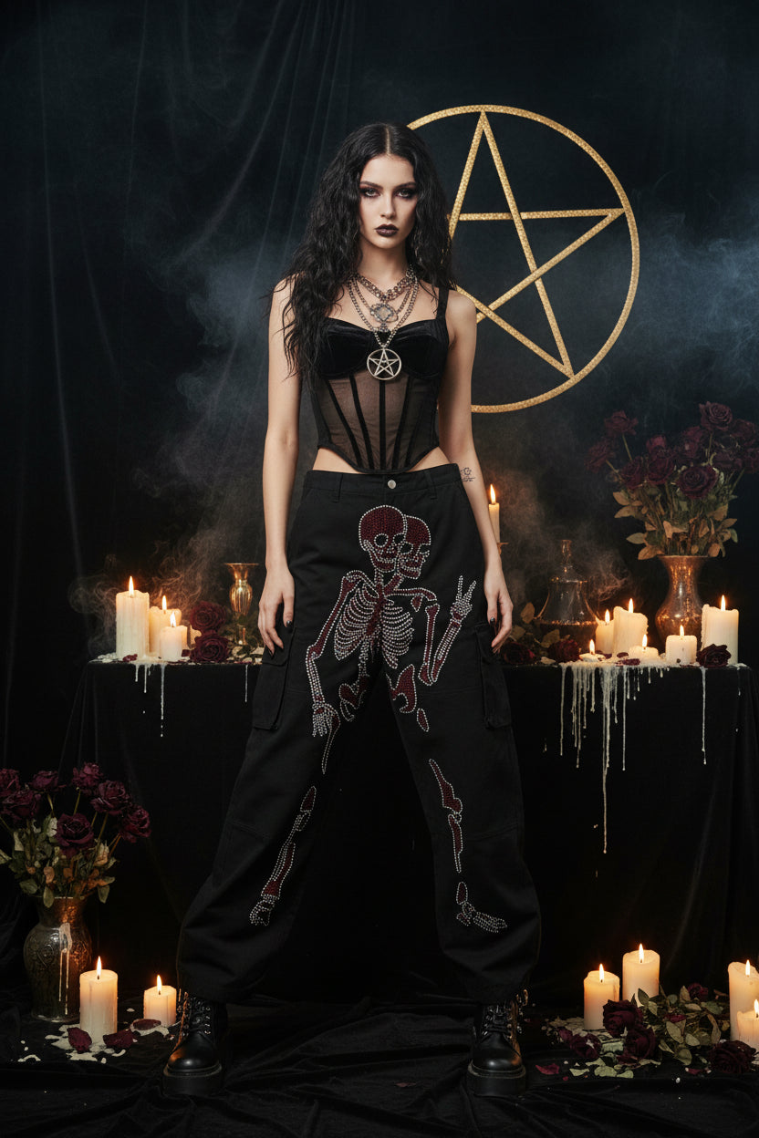 Gothic Jeans with Rhinestone Print Sorceress Sanctuary