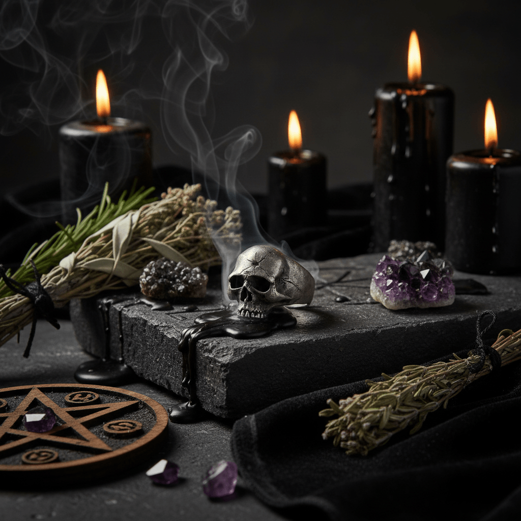 Skull-shaped ring with a knife blade on a dark background