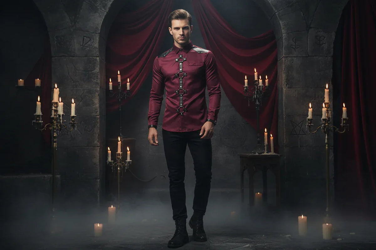 Gothic Studded | Long Sleeve Shirt - Sorceress Sanctuary Wine red / S-Wine red / M-Wine red / L-Wine red / XL-Wine red / XXL
