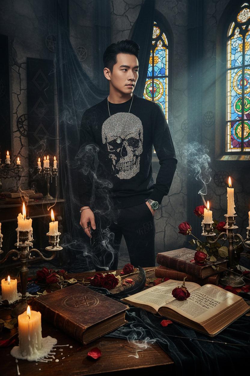 A man wearing a black long-sleeve crewneck sweater with a large, eye-catching skull graphic embellished with sparkling silver rhinestones on the front. The photo is cropped from the neck down, showing the model wearing black pants, a silver necklace, and a green-accented watch.