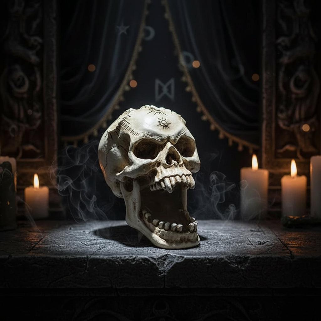 A decorative skull-shaped wall plaque or container with an open mouth, featuring weathered bone-like detailing and carved facial features, shown against a plain white background.