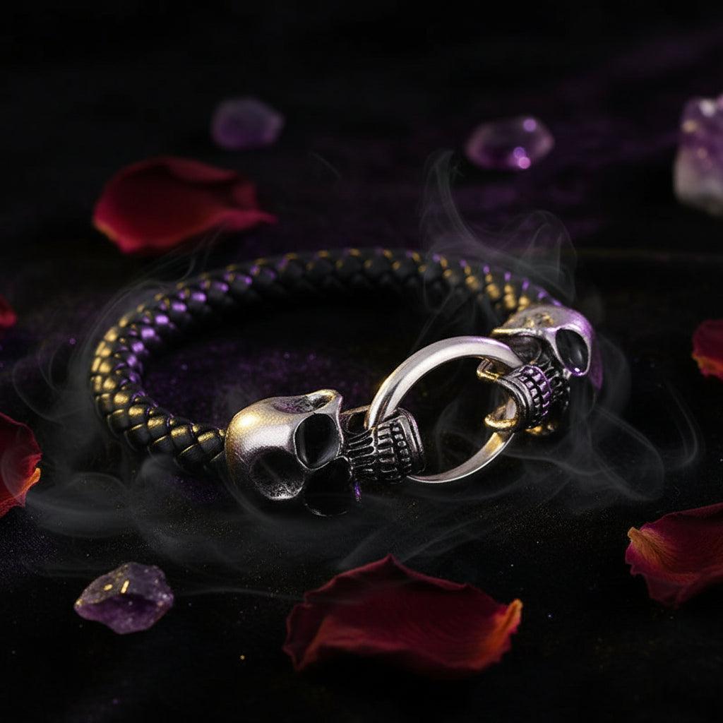 A black braided leather bracelet with a silver-toned skull ring clasp, displayed on a dark textured background.