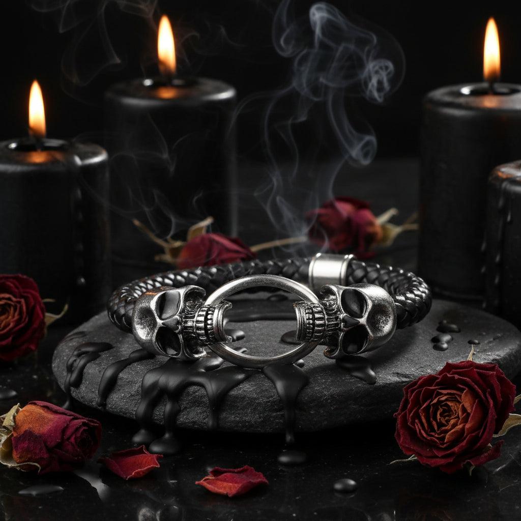 A black braided leather bracelet with a silver-toned skull ring clasp, displayed on draped red satin fabric.