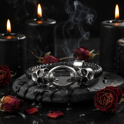A black braided leather bracelet with a silver-toned skull ring clasp, displayed on draped red satin fabric.
