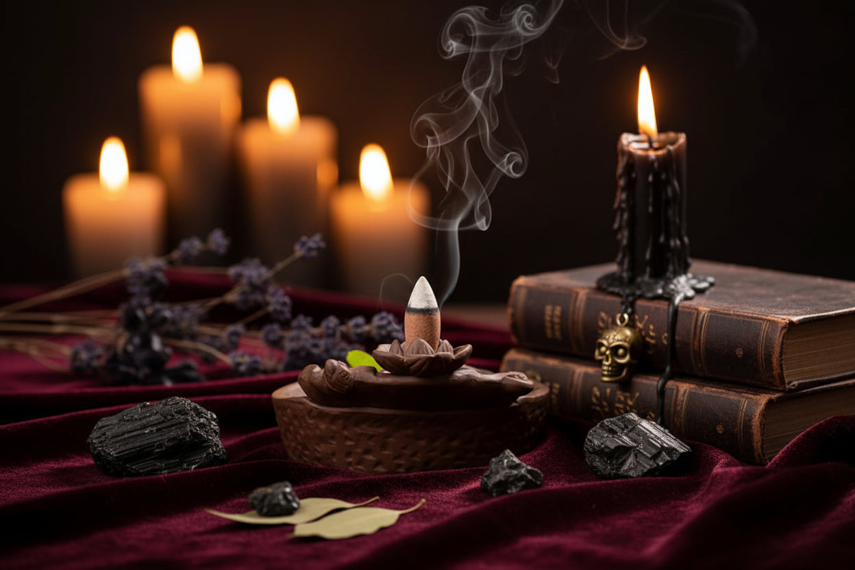 A brown textured ceramic incense burner shaped like a lotus flower, with a single incense stick burning in the center and smoke rising against a dark background.