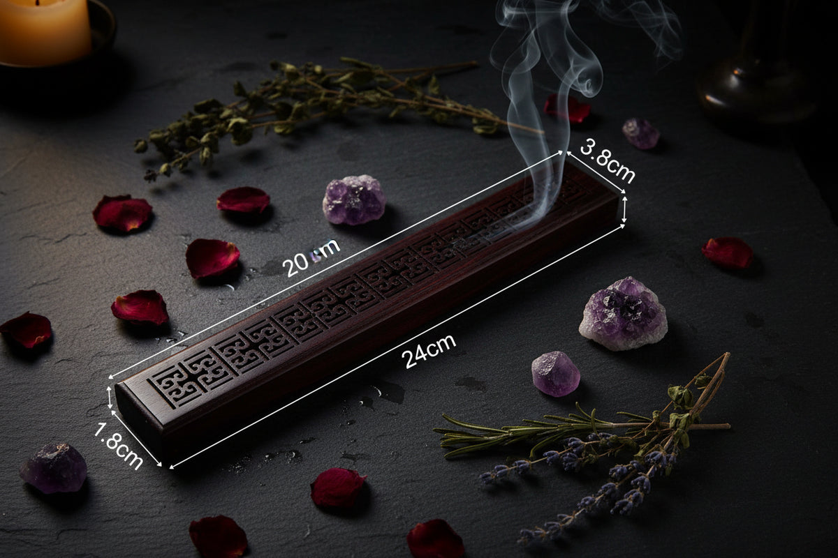 An incense stick holder made of ebony (blackwood) with a carved geometric pattern, shown with product specifications and dimensions on a white background.