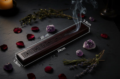An incense stick holder made of ebony (blackwood) with a carved geometric pattern, shown with product specifications and dimensions on a white background.