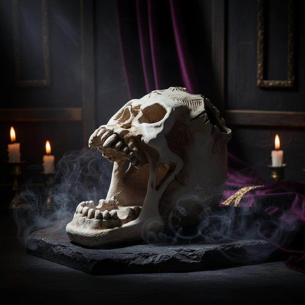 A realistic decorative skull prop with an open mouth, shown on a plain white background.