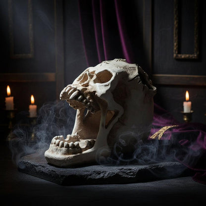 A realistic decorative skull prop with an open mouth, shown on a plain white background.