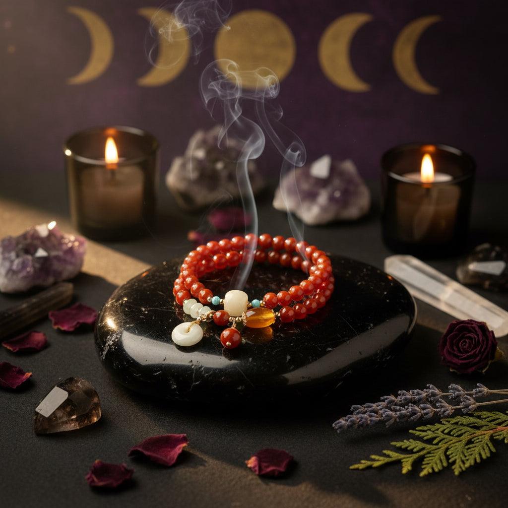 Beaded bracelet with decorative elements on a wooden stand with a natural background