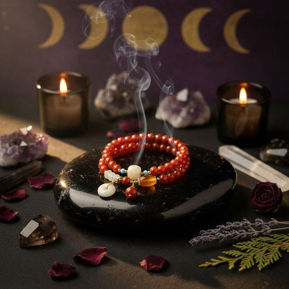 Beaded bracelet with decorative elements on a wooden stand with a natural background
