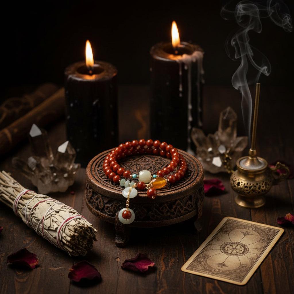 Beaded bracelet with decorative elements on a wooden stand with a natural background