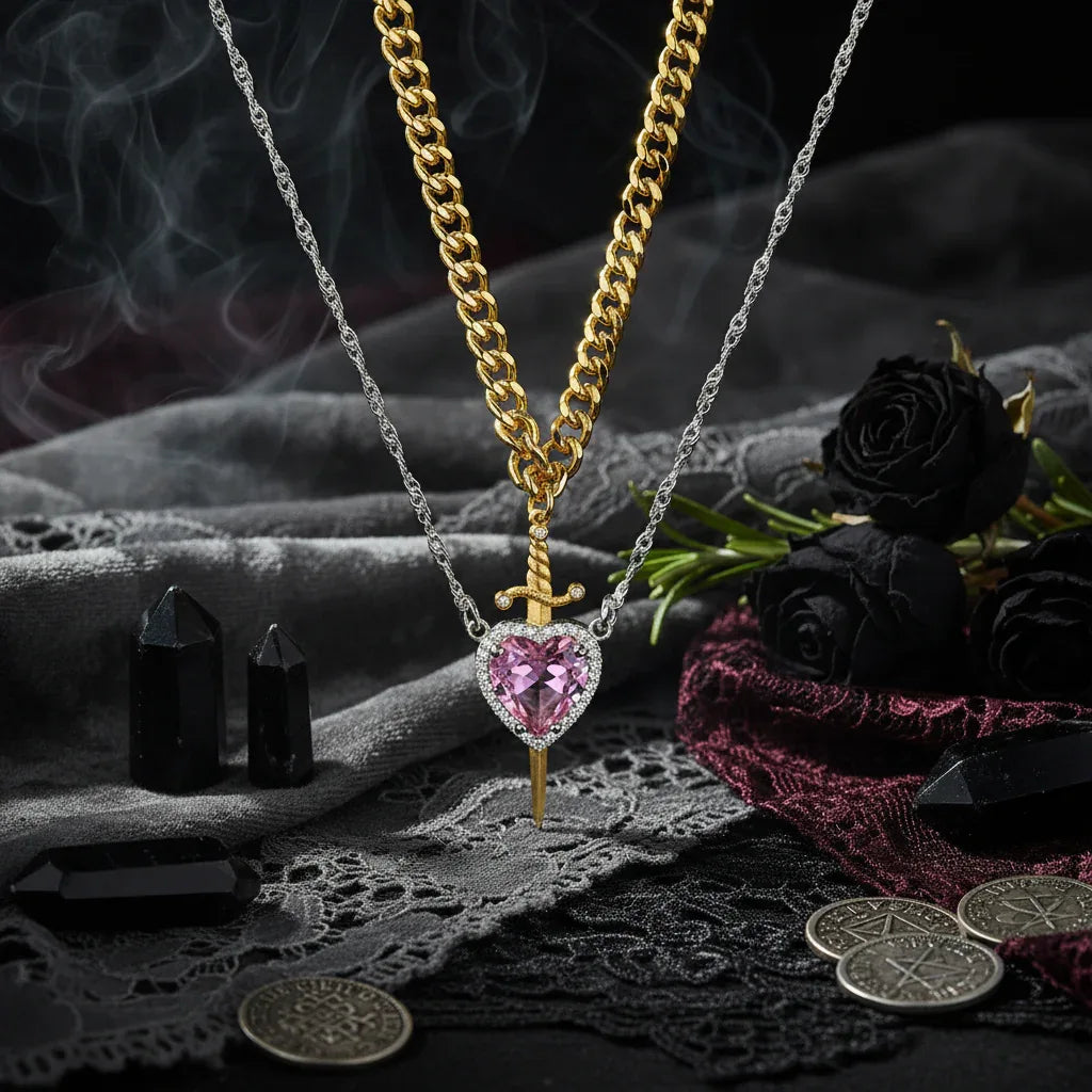 Heart Dagger Necklace - Sorceress Sanctuary Pink Silver / 100*100*20(1mm)-Silver / 100*100*20(1mm)-2 Silver Bracelet Rings / 100*100*20(1mm)-Gold And Silver / 100*100*20(1mm)-Gold / 100*100*20(1mm)