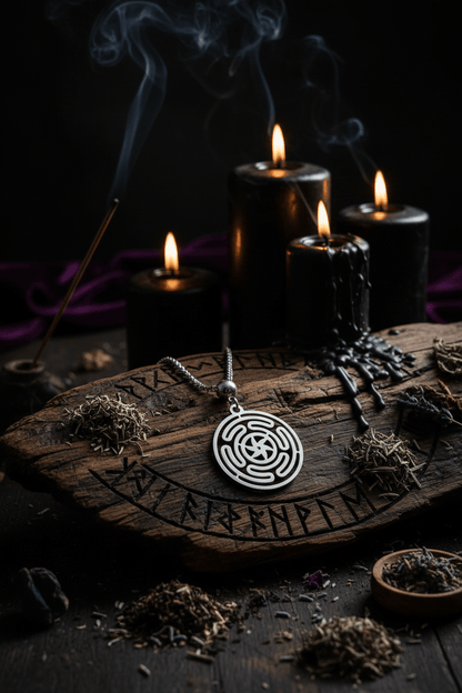 Silver labyrinth pendant on a chain against a purple fabric background