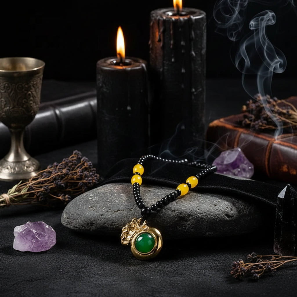 Hetian Jade & Lucky Bag Necklace - Sorceress Sanctuary Green-White