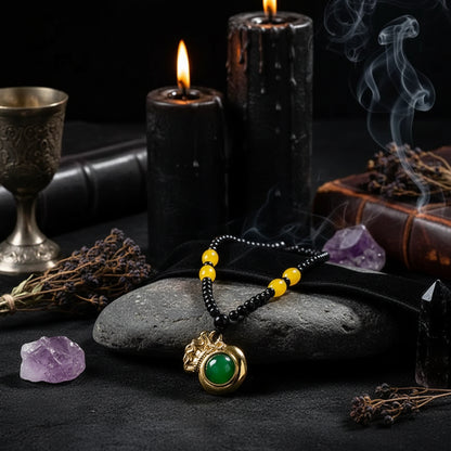 Hetian Jade & Lucky Bag Necklace - Sorceress Sanctuary Green-White