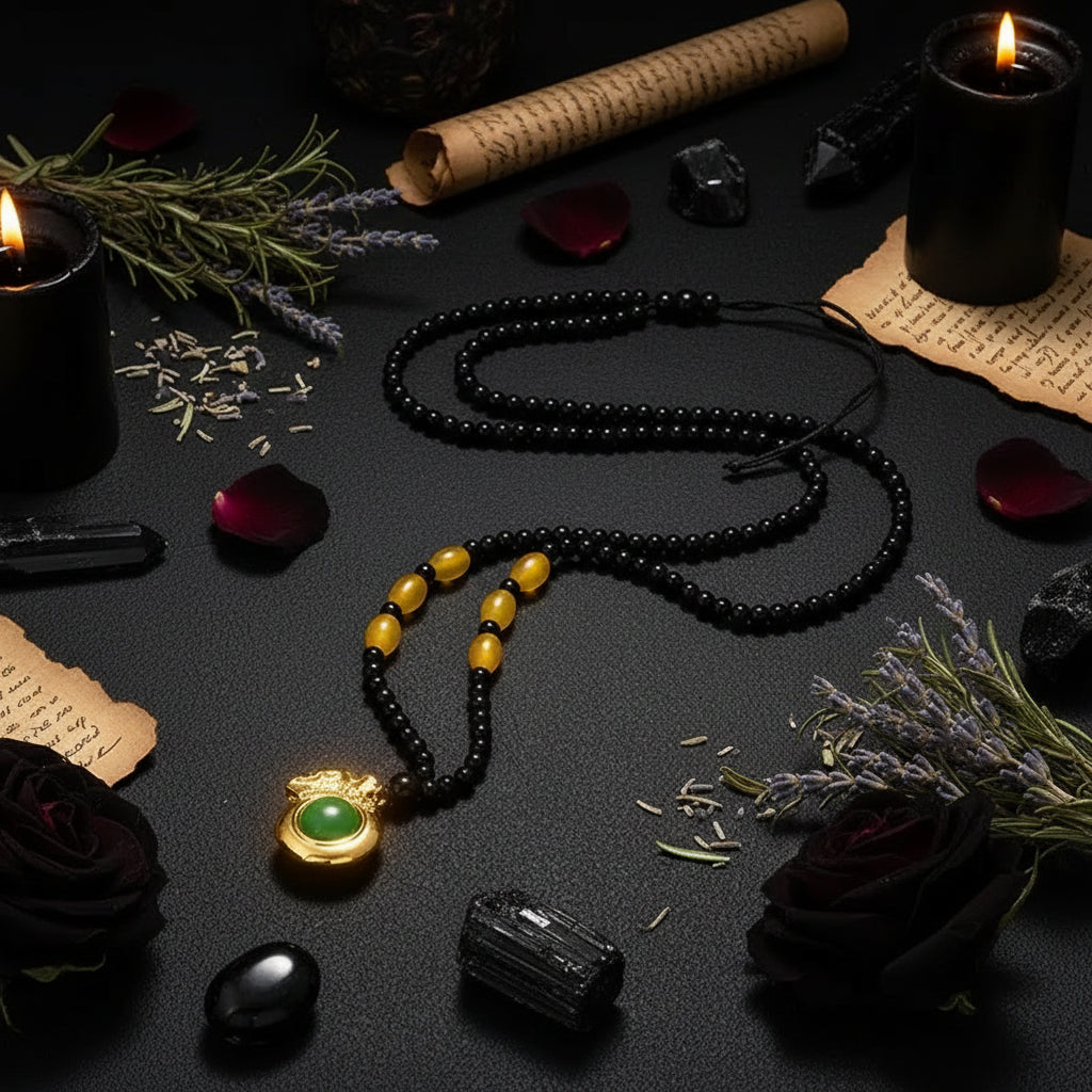 Hetian Jade & Lucky Bag Necklace - Sorceress Sanctuary Green-White