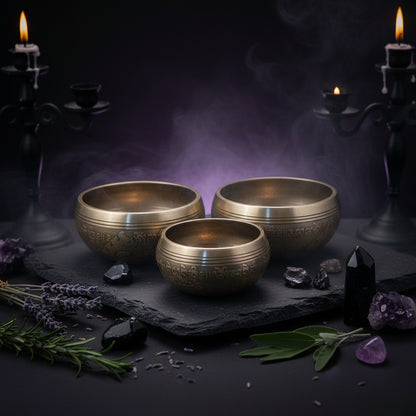 Three silver bowls with intricate designs on a beige surface, with a colorful fabric in the background.