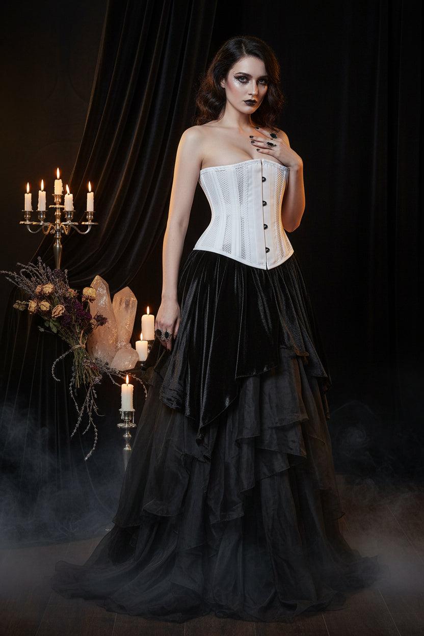 White corset with mesh design on a white background