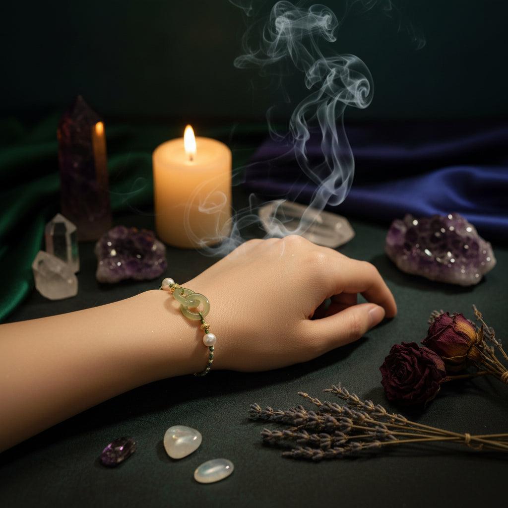 Bracelet with green beads and a large central stone on a wrist against a neutral background