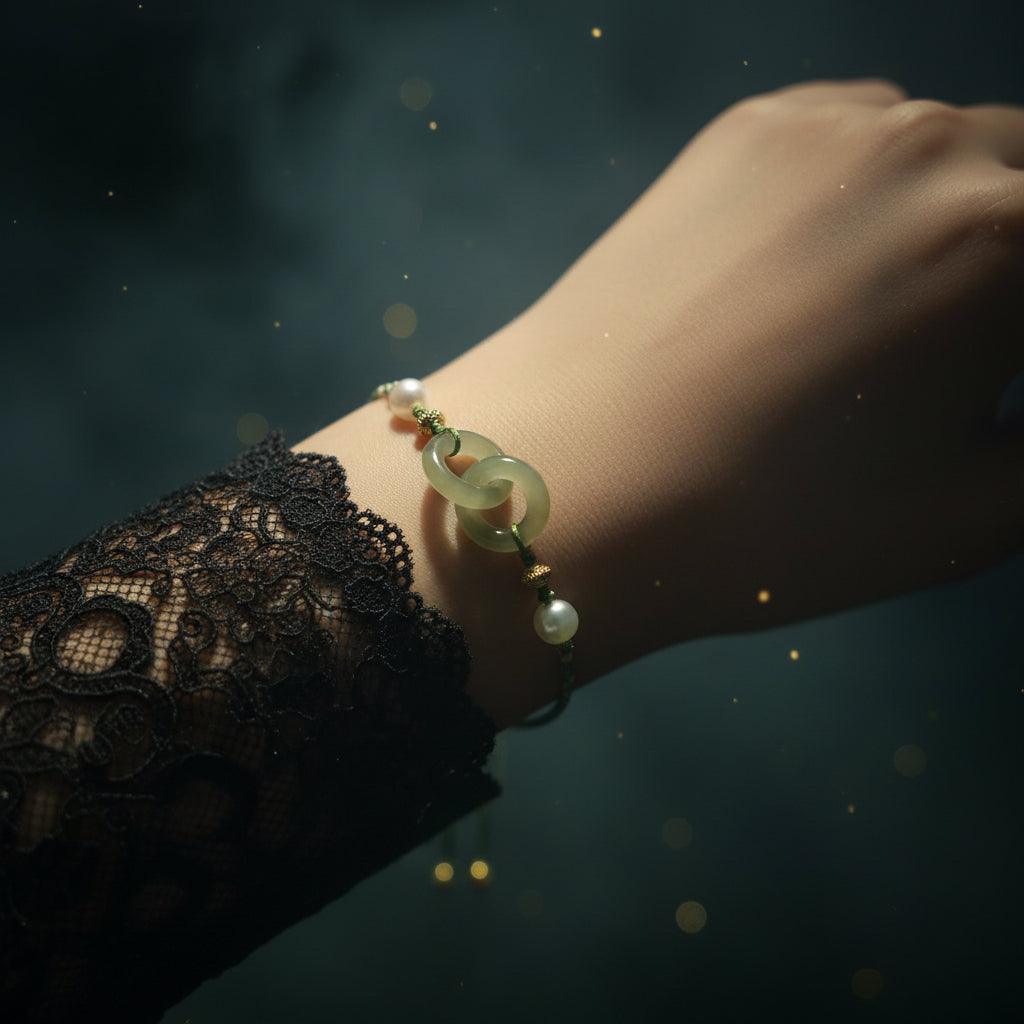 Bracelet with green beads and a large central stone on a wrist against a neutral background