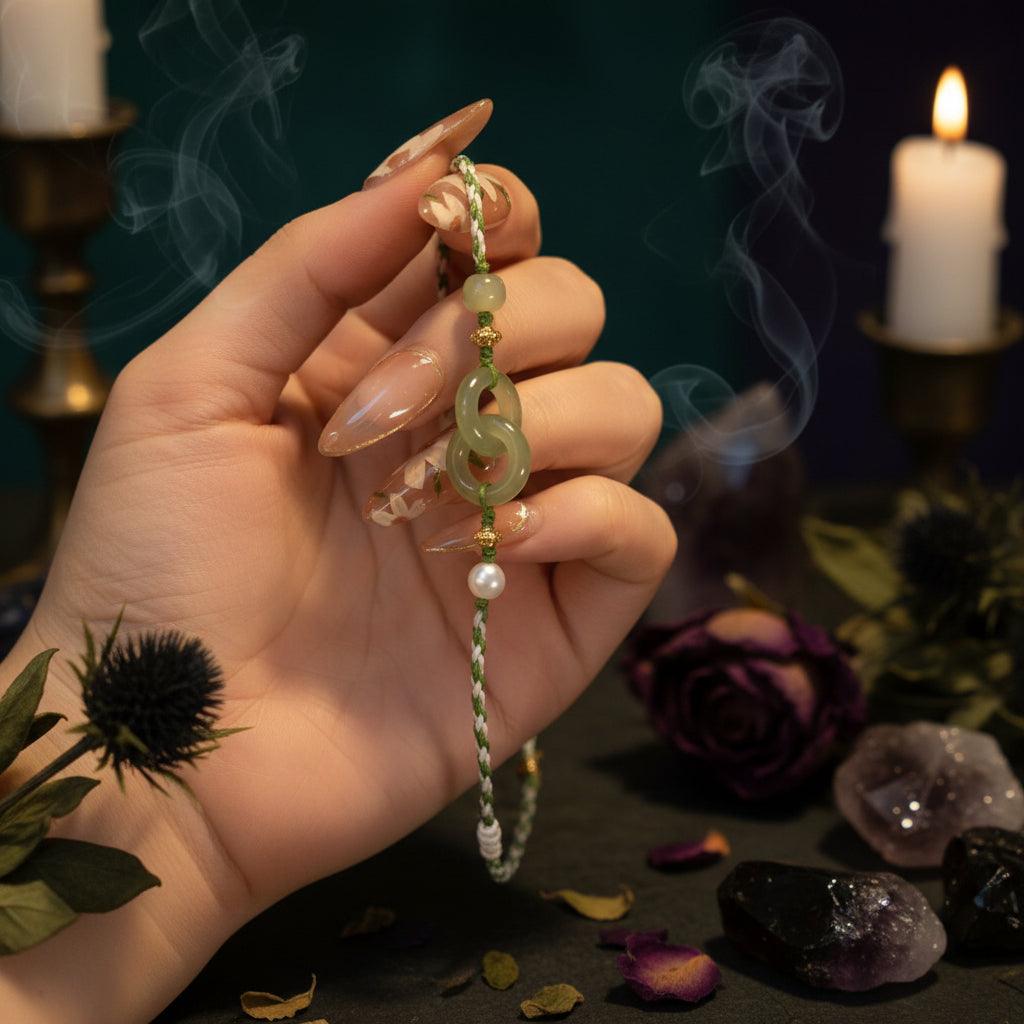 Hand holding a green beaded bracelet with a decorative clasp against a blurred background