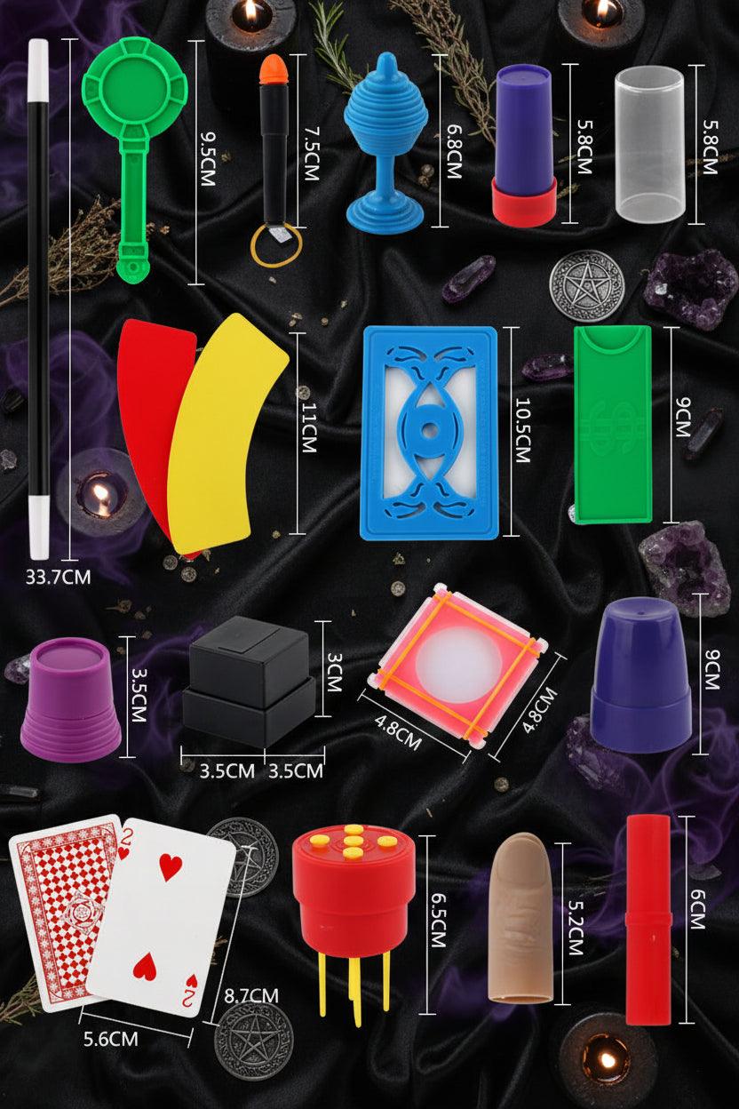 Set of colorful kids magic toy set with dimensions labeled
